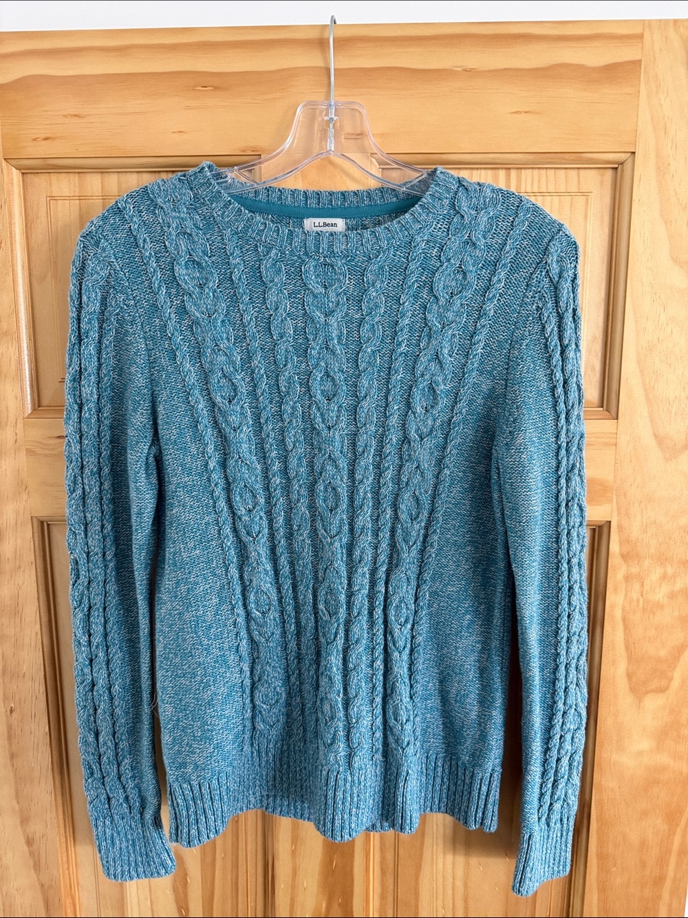 L.L. Bean Teal Heather Cable-Knit Crewneck Sweater